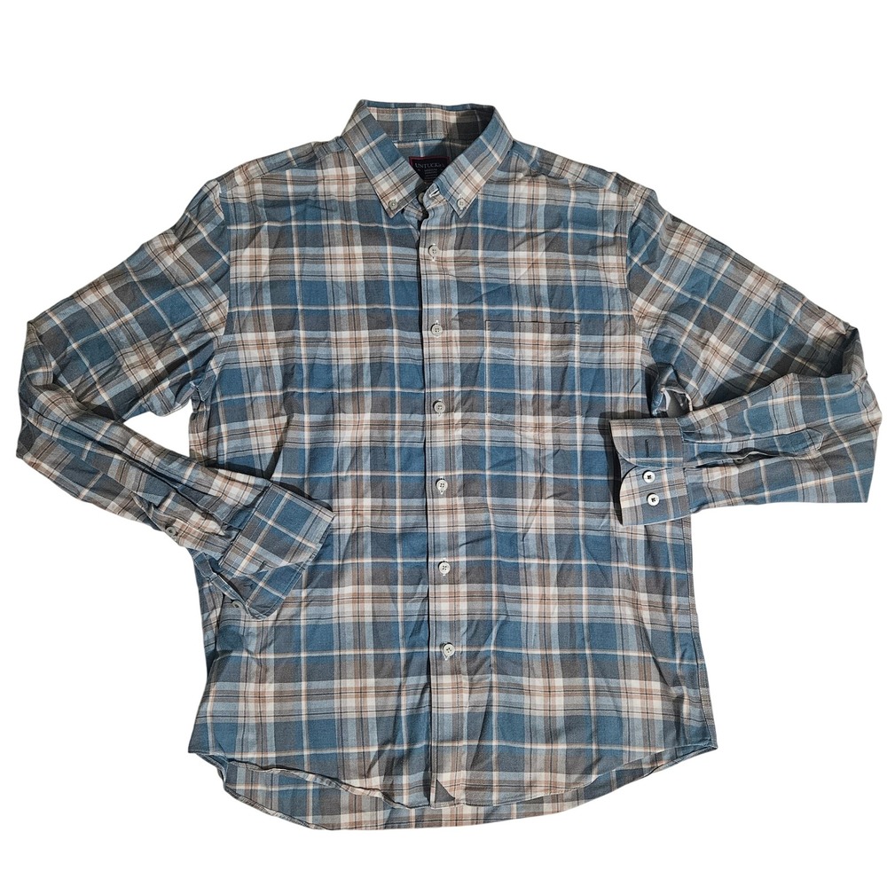 UNTUCKit Mens Medium Blue Plaid Wrinkle Free Cotton Long Sleeve Button Down